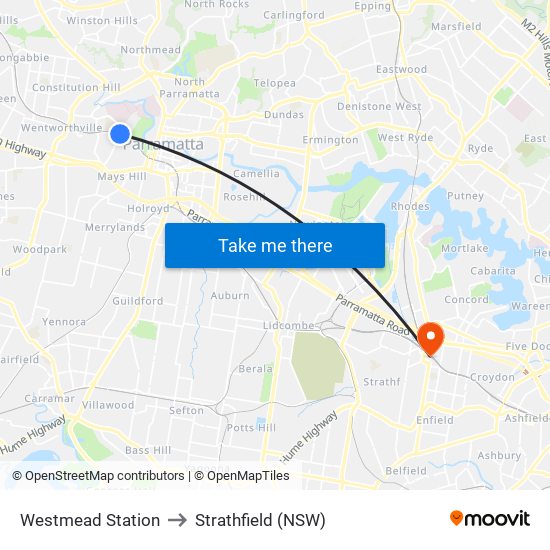 Westmead Station to Strathfield (NSW) map
