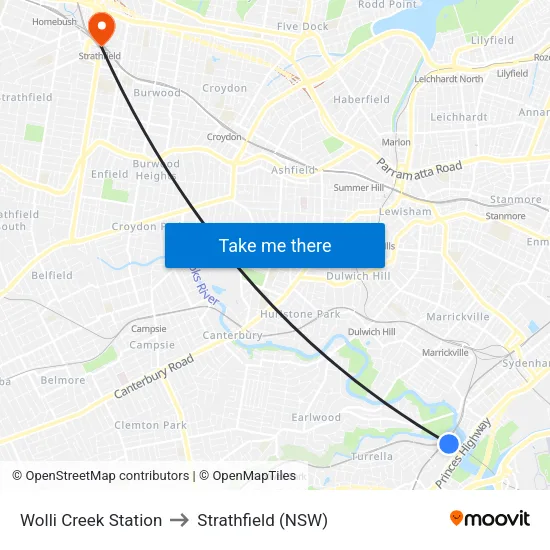 Wolli Creek Station to Strathfield (NSW) map