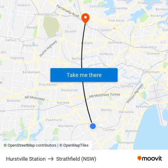 Hurstville Station to Strathfield (NSW) map