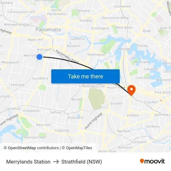 Merrylands Station to Strathfield (NSW) map