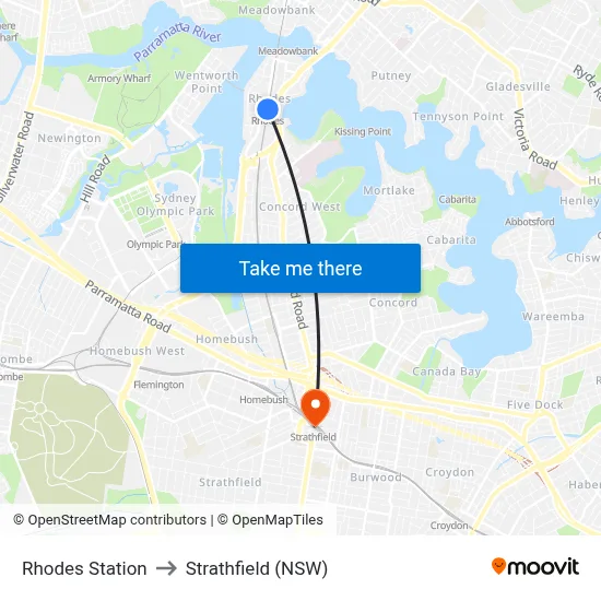 Rhodes Station to Strathfield (NSW) map