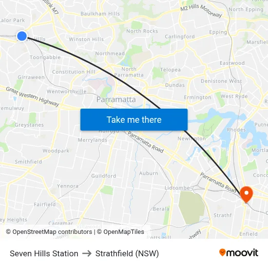 Seven Hills Station to Strathfield (NSW) map