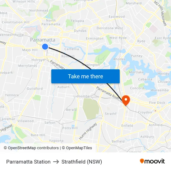 Parramatta Station to Strathfield (NSW) map