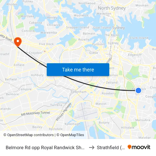 Belmore Rd opp Royal Randwick Shopping Centre to Strathfield (NSW) map
