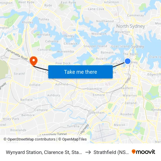 Wynyard Station, Clarence St, Stand T to Strathfield (NSW) map
