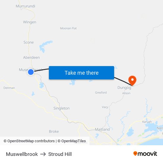 Muswellbrook to Stroud Hill map