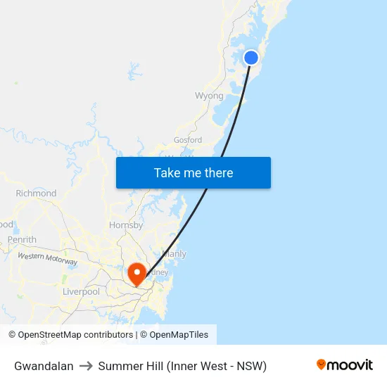 Gwandalan to Summer Hill (Inner West - NSW) map