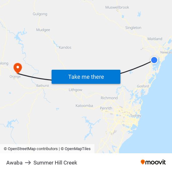 Awaba to Summer Hill Creek map