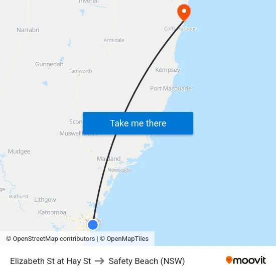 Elizabeth St at Hay St to Safety Beach (NSW) map