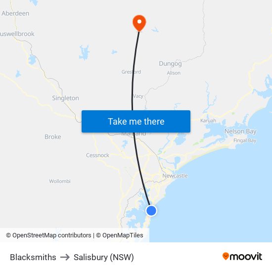 Blacksmiths to Salisbury (NSW) map