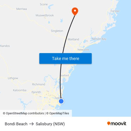 Bondi Beach to Salisbury (NSW) map