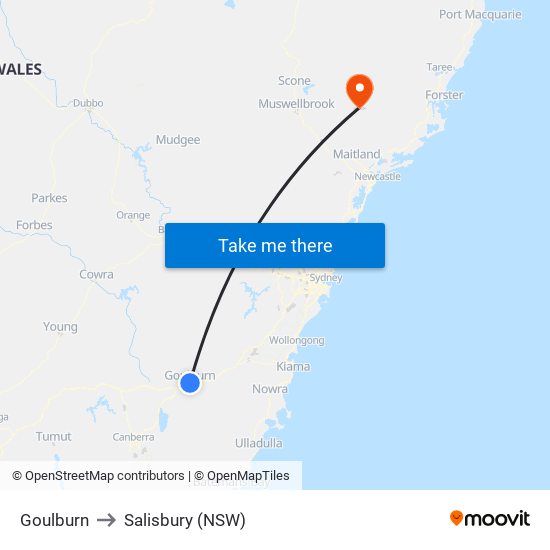 Goulburn to Salisbury (NSW) map