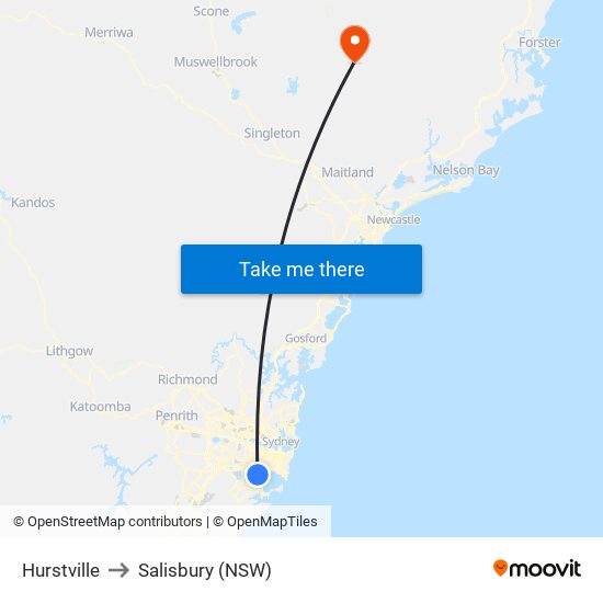 Hurstville to Salisbury (NSW) map