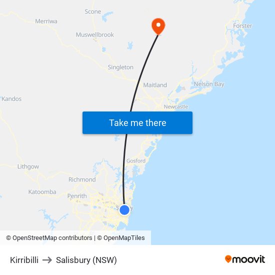 Kirribilli to Salisbury (NSW) map