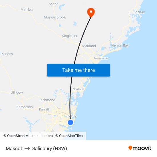 Mascot to Salisbury (NSW) map