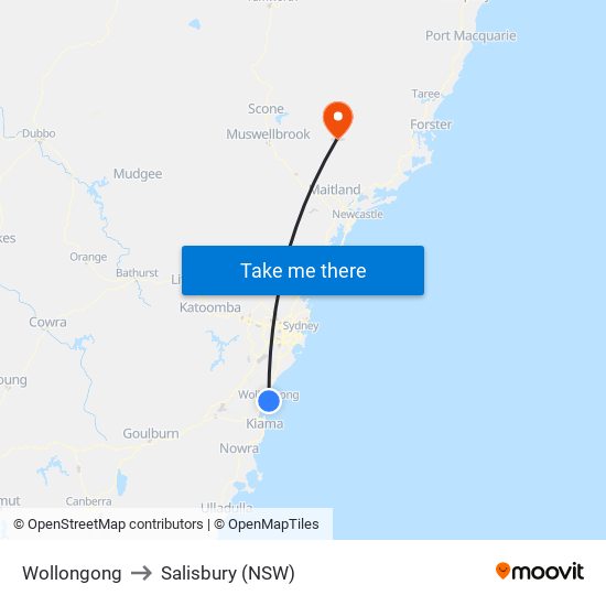 Wollongong to Salisbury (NSW) map