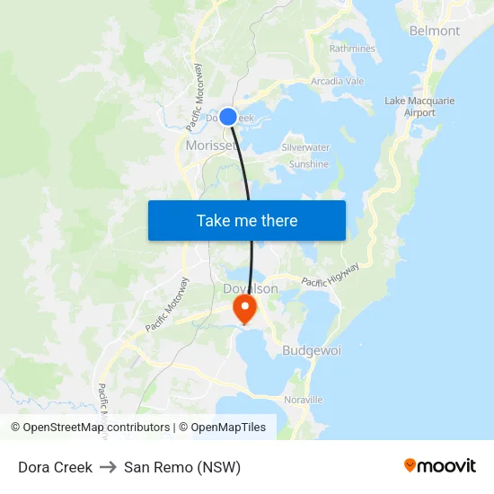 Dora Creek to San Remo (NSW) map
