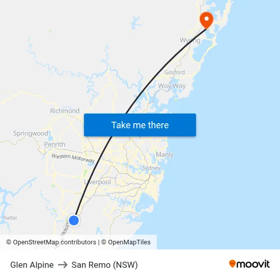 Glen Alpine to San Remo (NSW) map