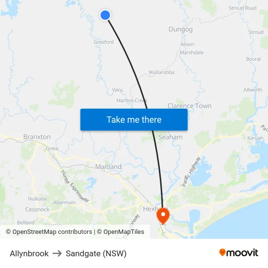 Allynbrook to Sandgate (NSW) map