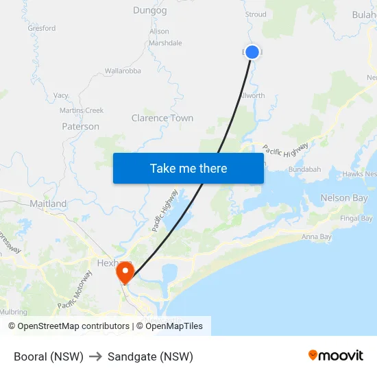 Booral (NSW) to Sandgate (NSW) map