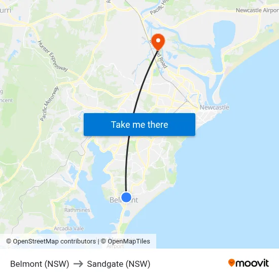 Belmont (NSW) to Sandgate (NSW) map