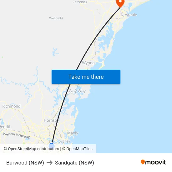 Burwood (NSW) to Sandgate (NSW) map