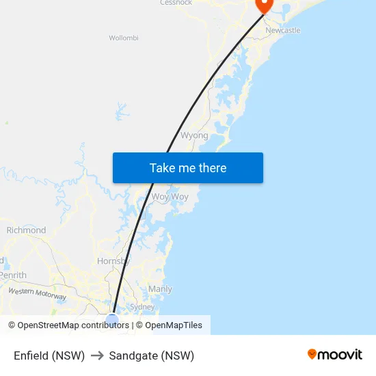 Enfield (NSW) to Sandgate (NSW) map