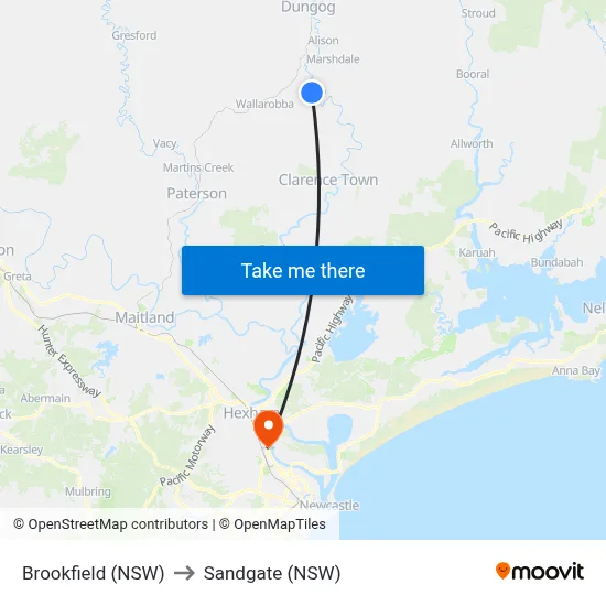 Brookfield (NSW) to Sandgate (NSW) map