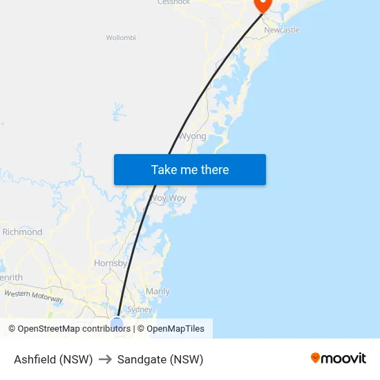 Ashfield (NSW) to Sandgate (NSW) map