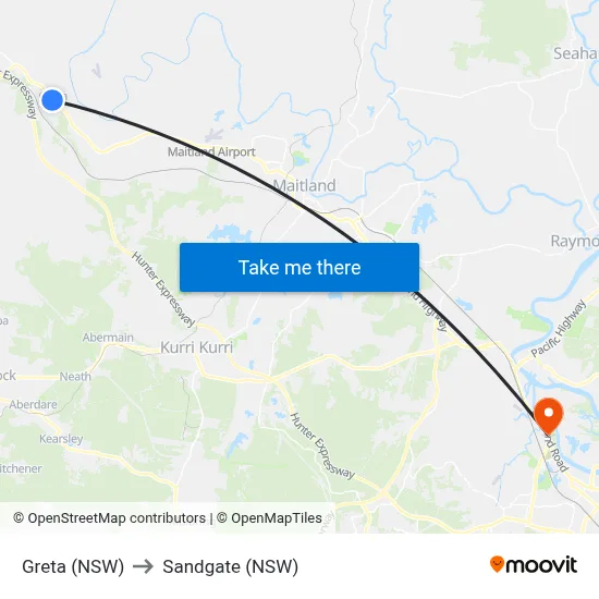 Greta (NSW) to Sandgate (NSW) map