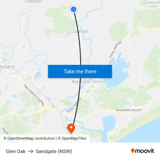 Glen Oak to Sandgate (NSW) map