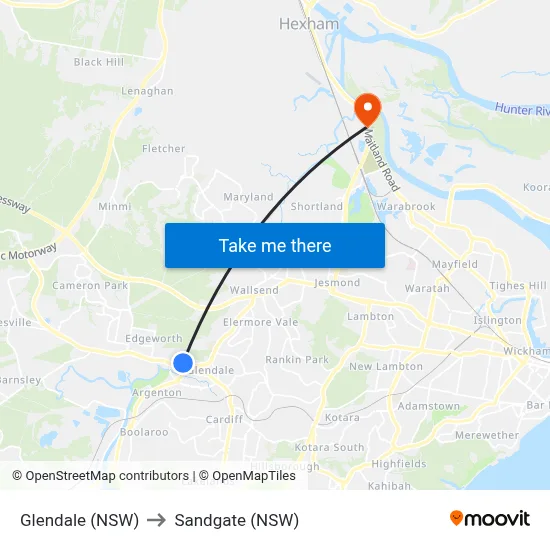 Glendale (NSW) to Sandgate (NSW) map