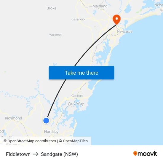 Fiddletown to Sandgate (NSW) map