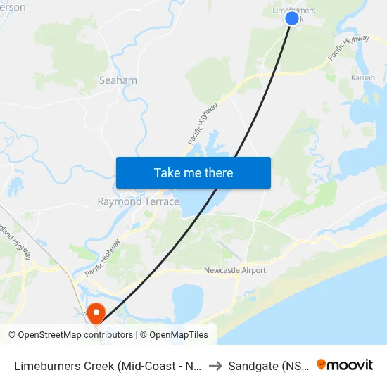 Limeburners Creek (Mid-Coast - NSW) to Sandgate (NSW) map