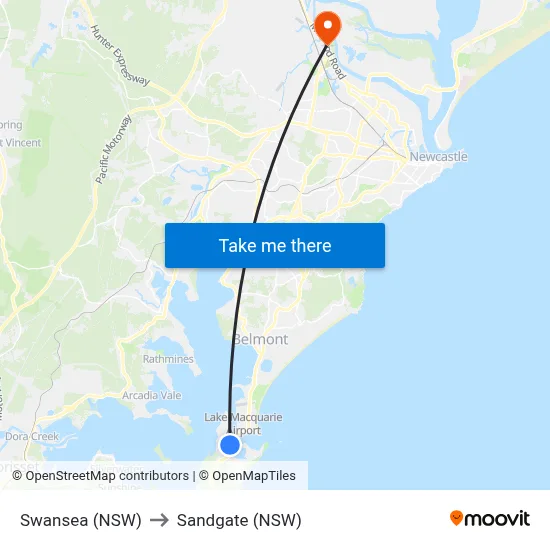Swansea (NSW) to Sandgate (NSW) map