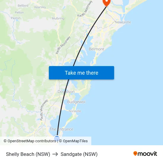 Shelly Beach (NSW) to Sandgate (NSW) map