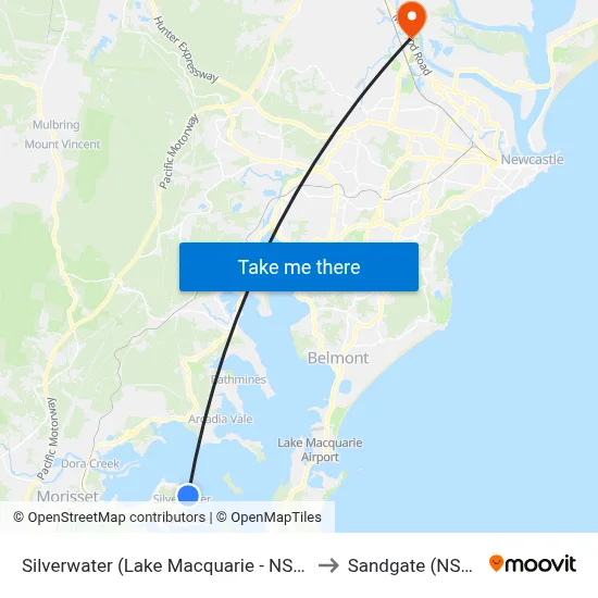 Silverwater (Lake Macquarie - NSW) to Sandgate (NSW) map