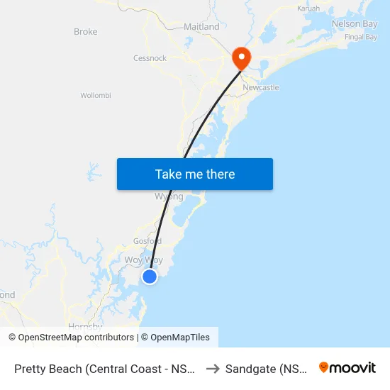Pretty Beach (Central Coast - NSW) to Sandgate (NSW) map