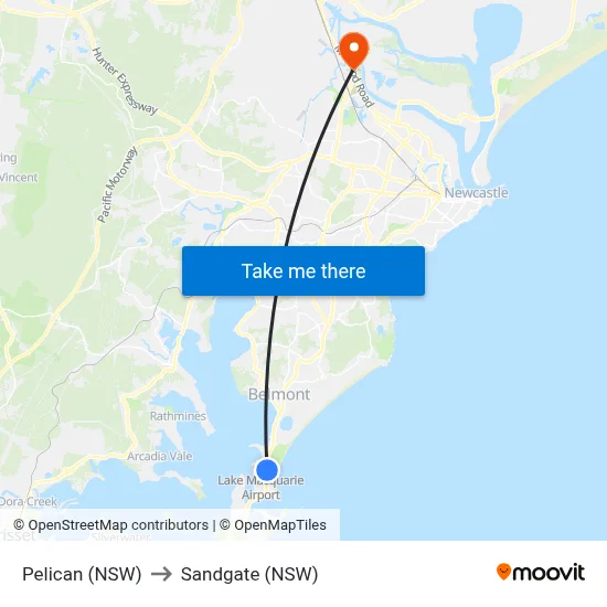 Pelican (NSW) to Sandgate (NSW) map