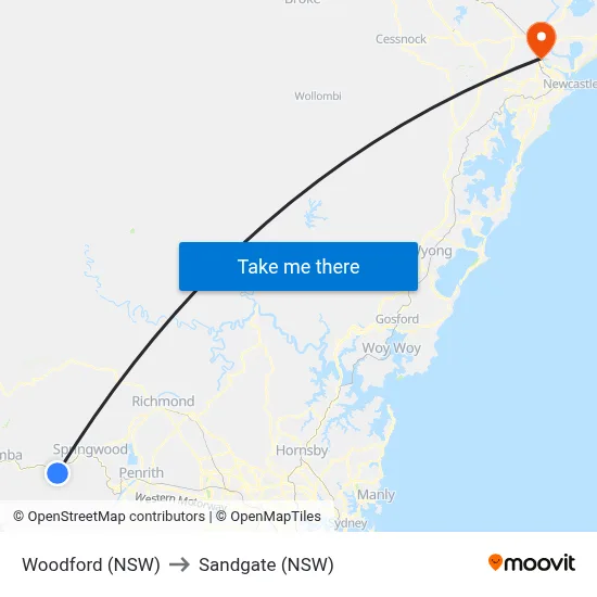 Woodford (NSW) to Sandgate (NSW) map