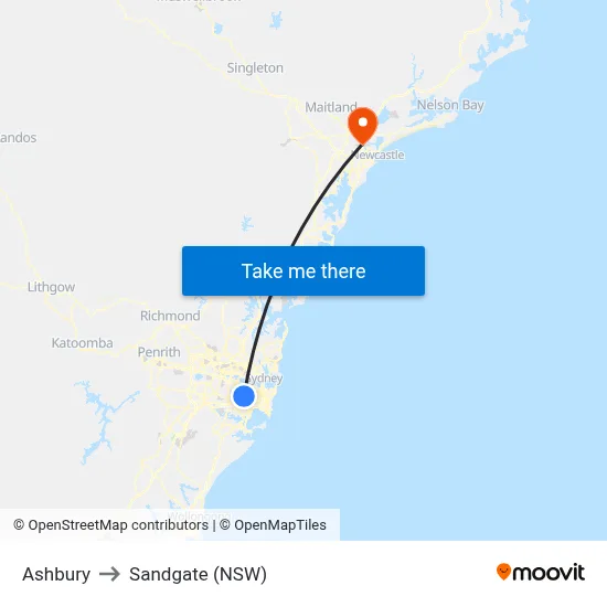 Ashbury to Sandgate (NSW) map