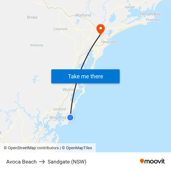 Avoca Beach to Sandgate (NSW) map