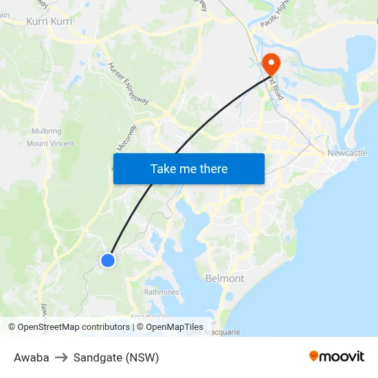 Awaba to Sandgate (NSW) map