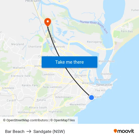 Bar Beach to Sandgate (NSW) map