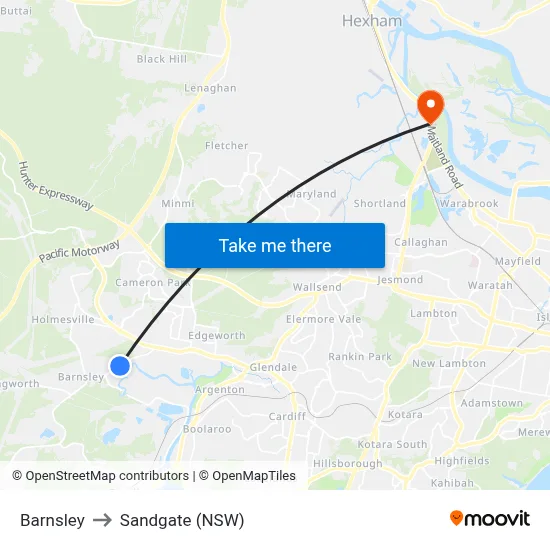 Barnsley to Sandgate (NSW) map