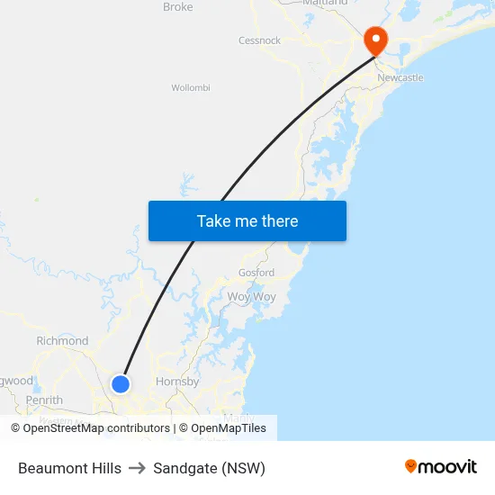 Beaumont Hills to Sandgate (NSW) map