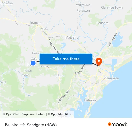 Bellbird to Sandgate (NSW) map