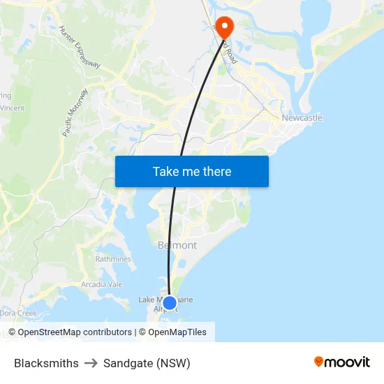 Blacksmiths to Sandgate (NSW) map