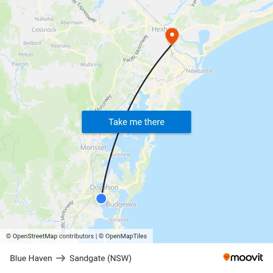 Blue Haven to Sandgate (NSW) map