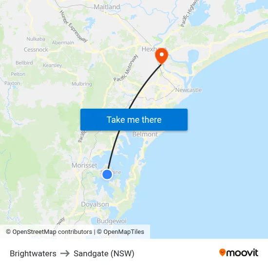 Brightwaters to Sandgate (NSW) map